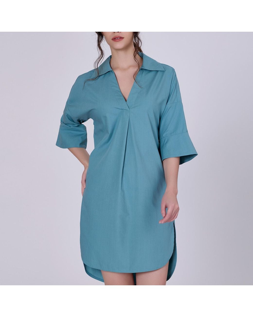 Smart and Joy Blue Cotton Minimalist Shirt Dress