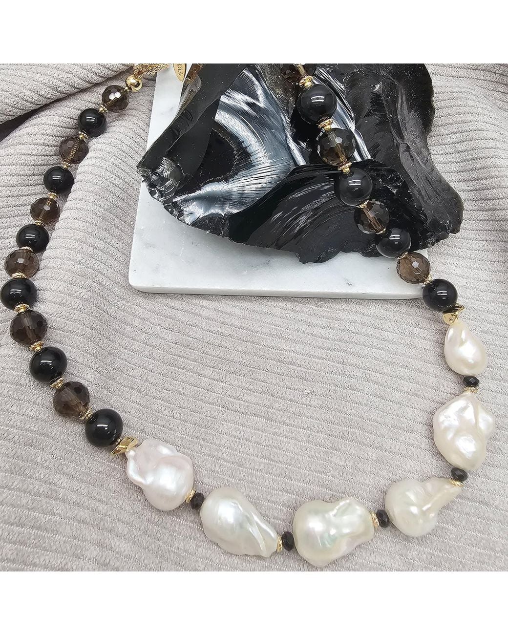 Farra Black Quartz And Obsidian With Baroque Pearl Statement Necklace