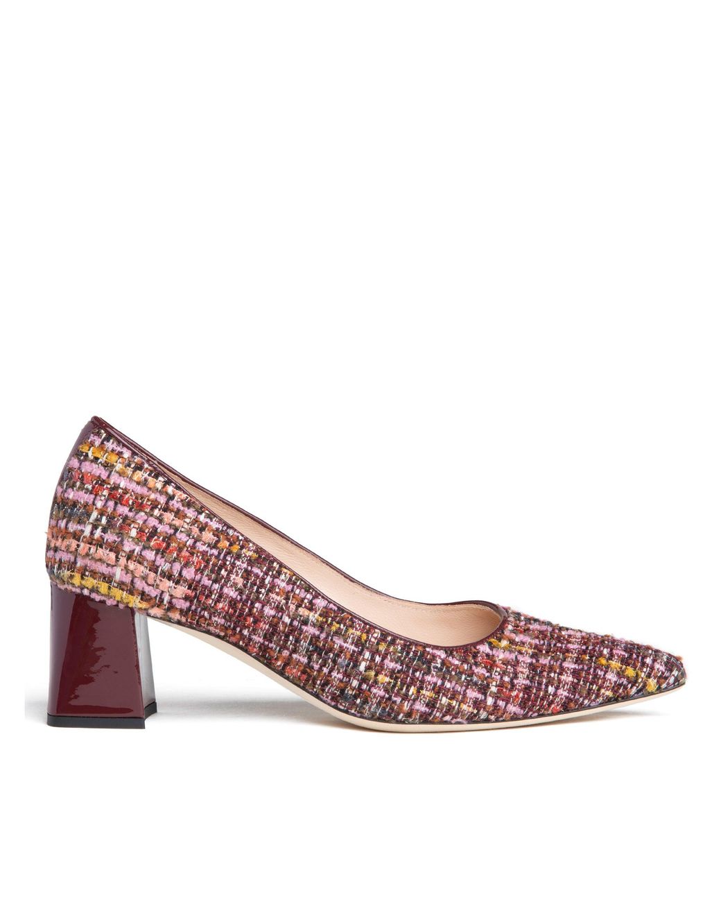 Beautiisoles by Robyn Shreiber Made in Italy Red Corina Burgundy Leather Block Heel Pump With Linen For Day & Night Wear