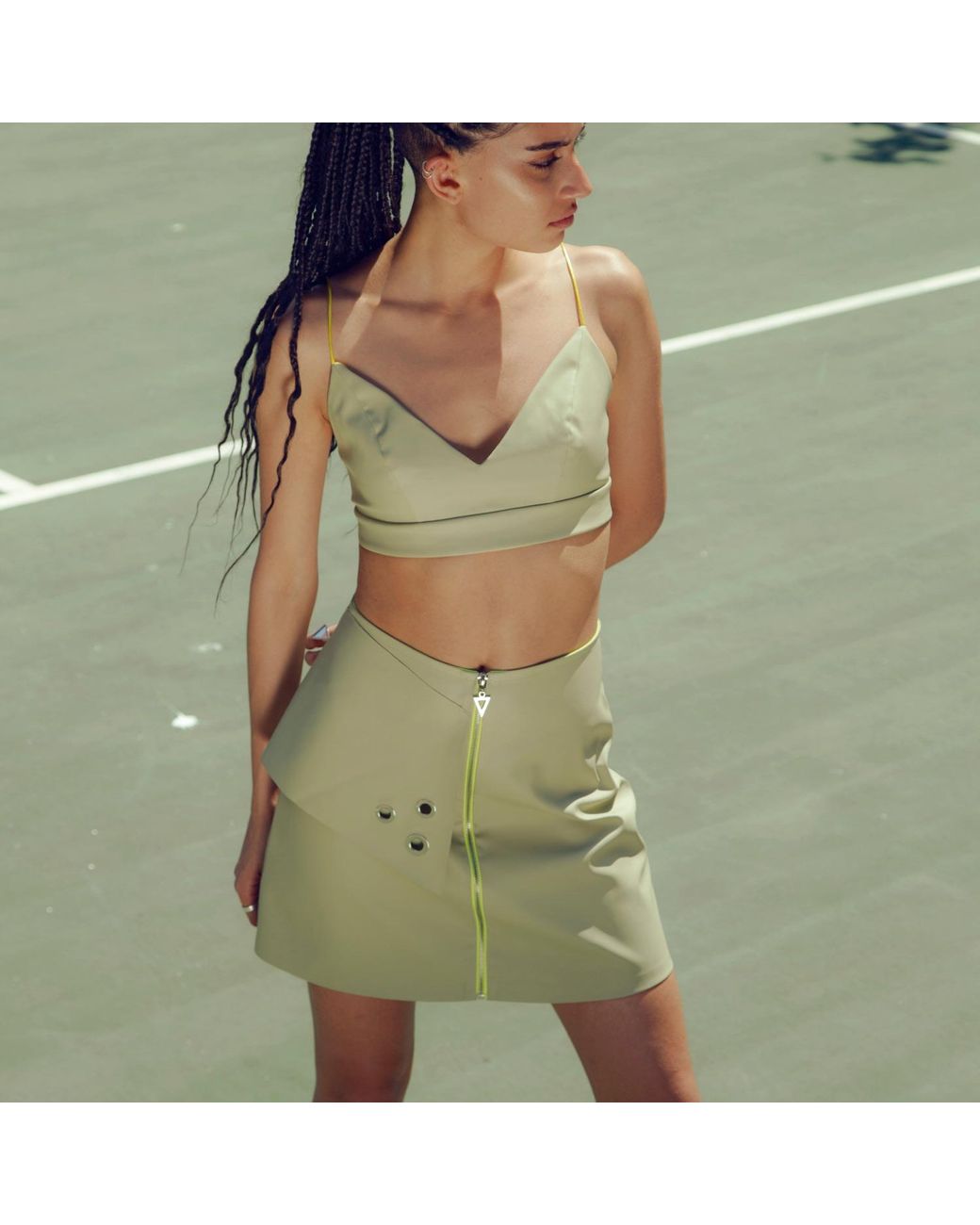Mirimalist Green Leather Mini Skirt