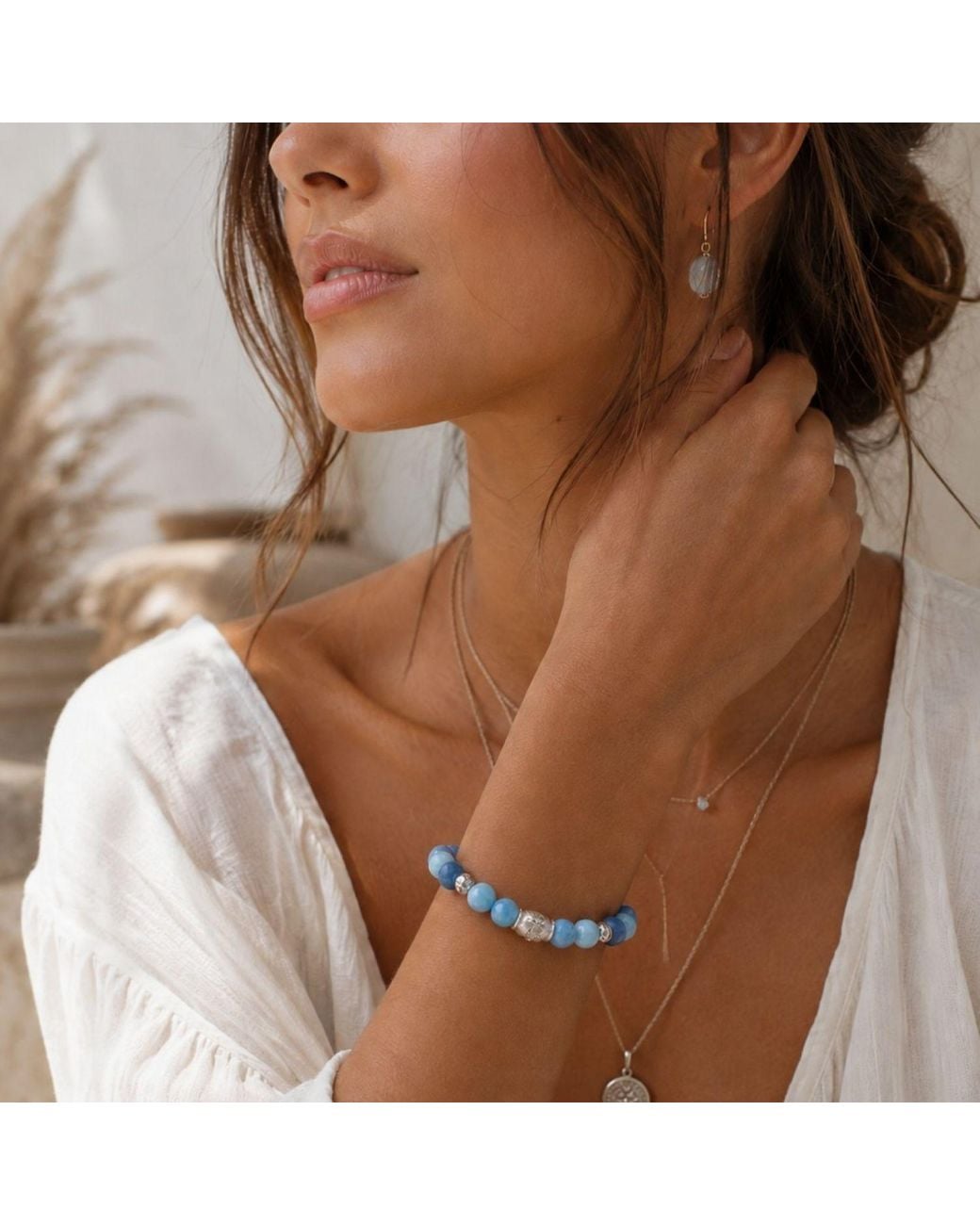 Seven Saints Blue Tranquil Lotus Larimar Quartz Lotus Beaded Bracelet, Rhodium