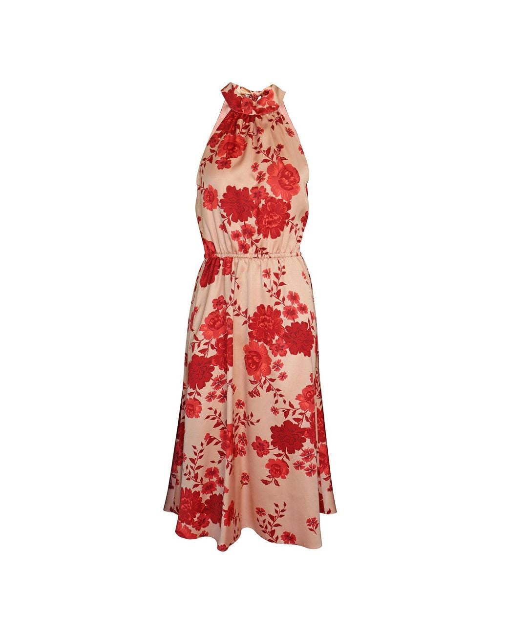 2KStyle Red Aber Floral Print Halterneck Satin Effect Midi Dress