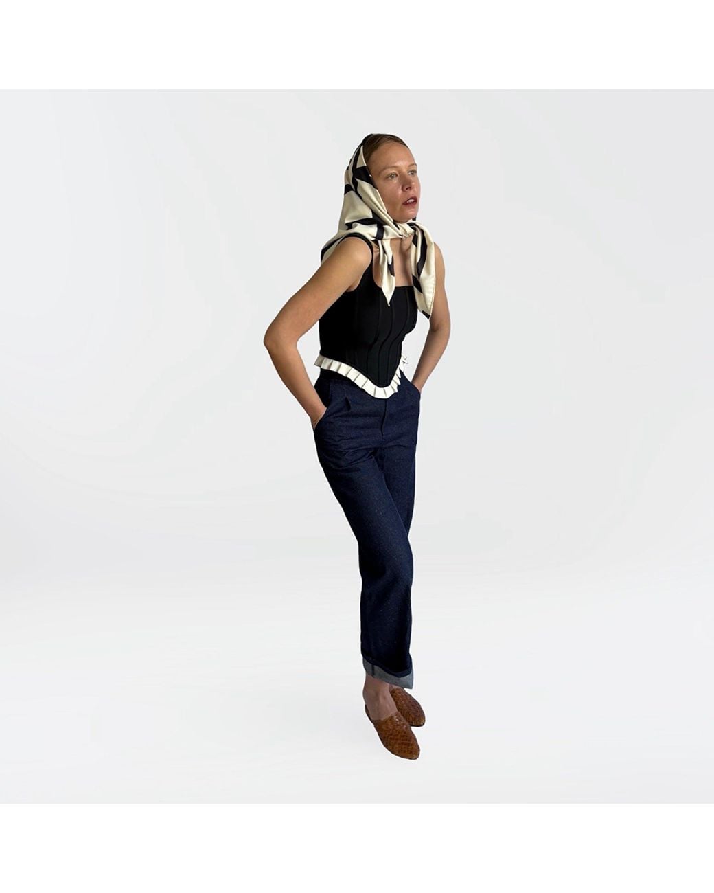London Atelier Byproduct Black Rib Knit Corset Top With Ruffle