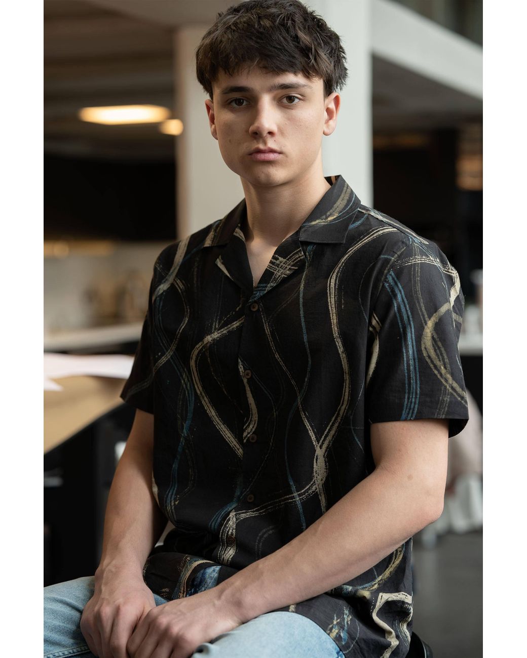 Stovaria Black Camp Collar Half Sleeve Organic Cotton Shirt With Abstract Brush Print for men