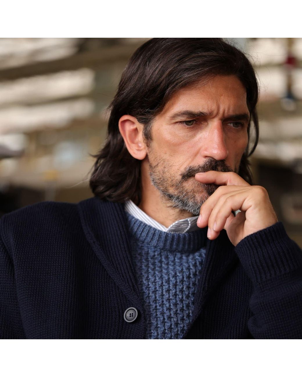 Paul James Knitwear Blue Chunky Merino Wool Marello Shawl Collar Cardigan for men