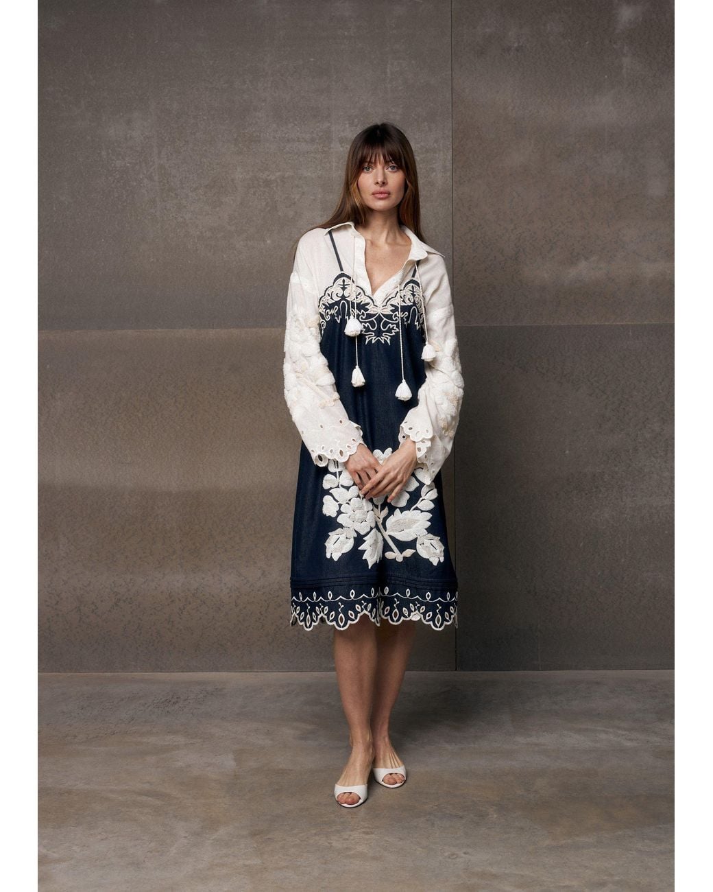 Annabo Blue Amber Rose Embroidered Denim Midi Sundress