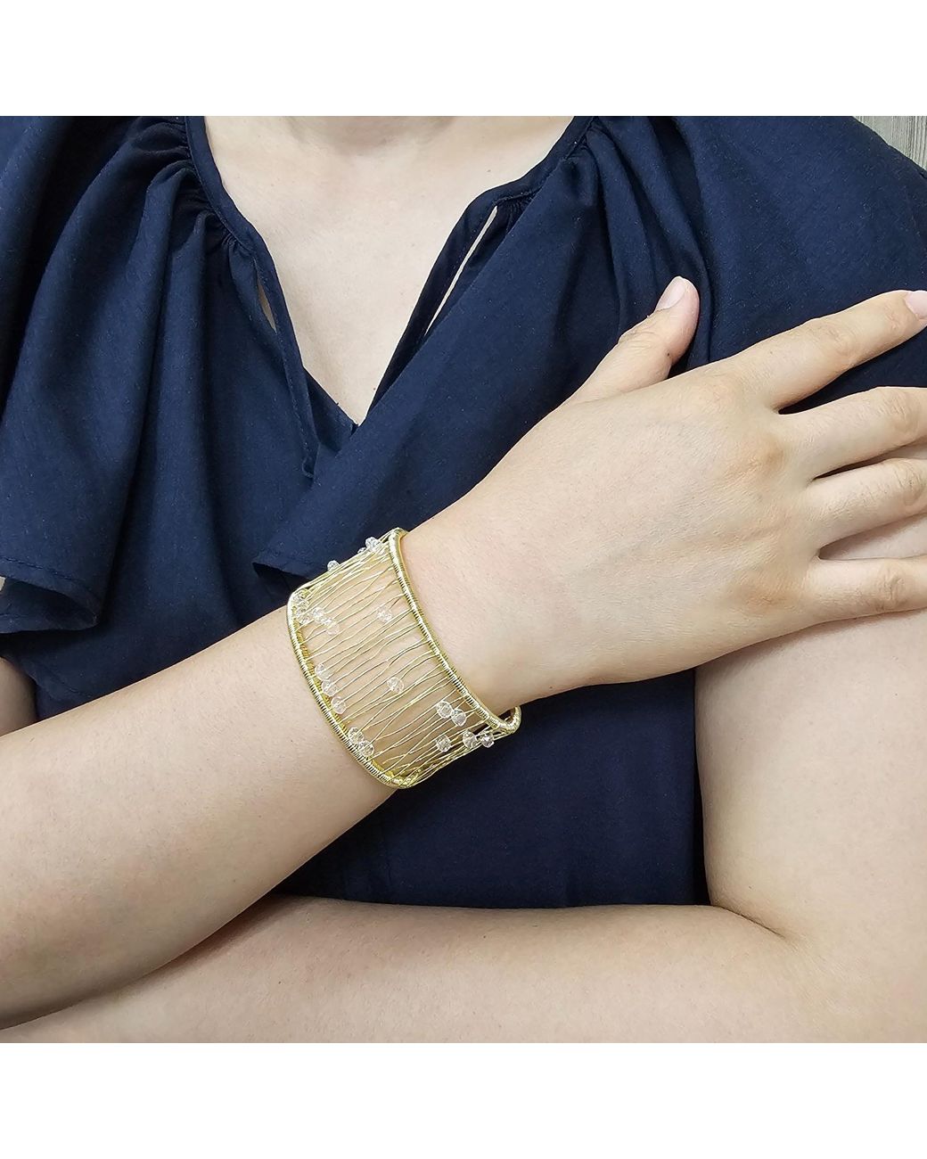 Farra Metallic Hand Crafted Crystal Beads Statement Cuff Bracelet