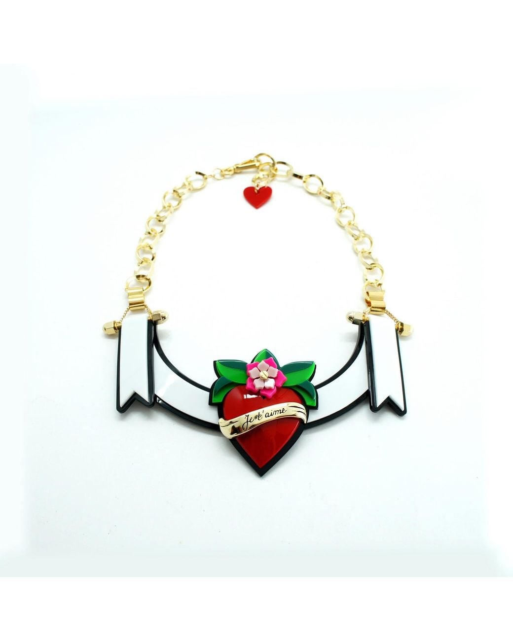Gissa Bicalho Red Handmade Acrylic Necklace Ribbon & Heart