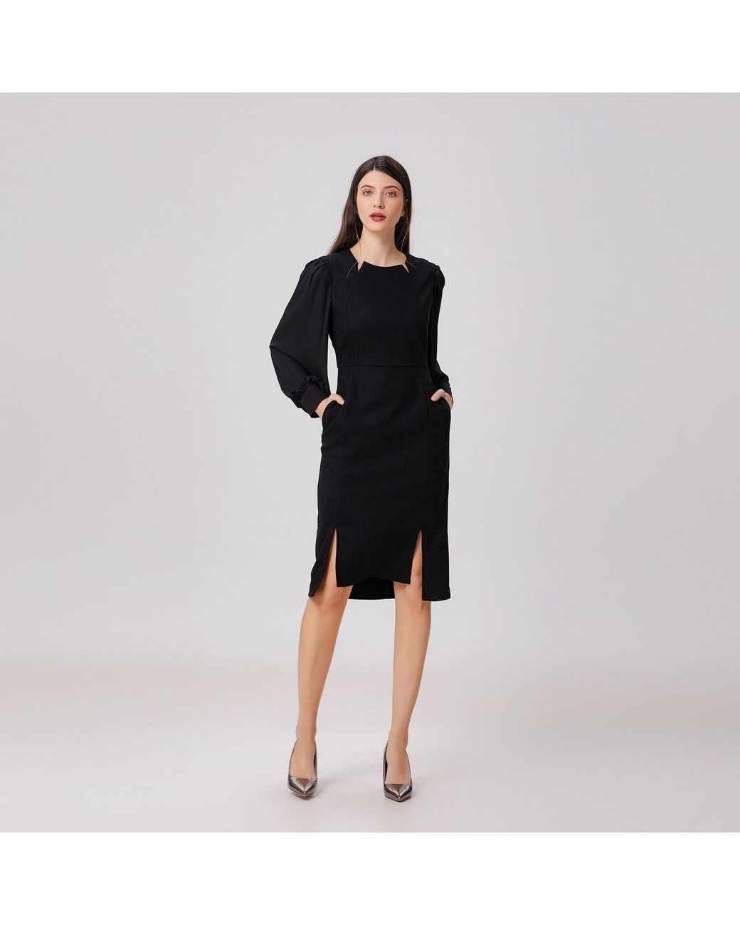 Smart and Joy Black Chiffon Sleeves Tailor Dress