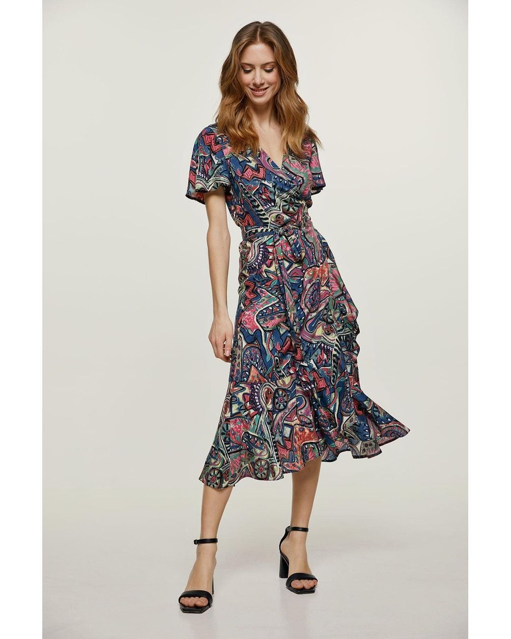 Conquista Blue Print Ruffle Detail Wrap Dress