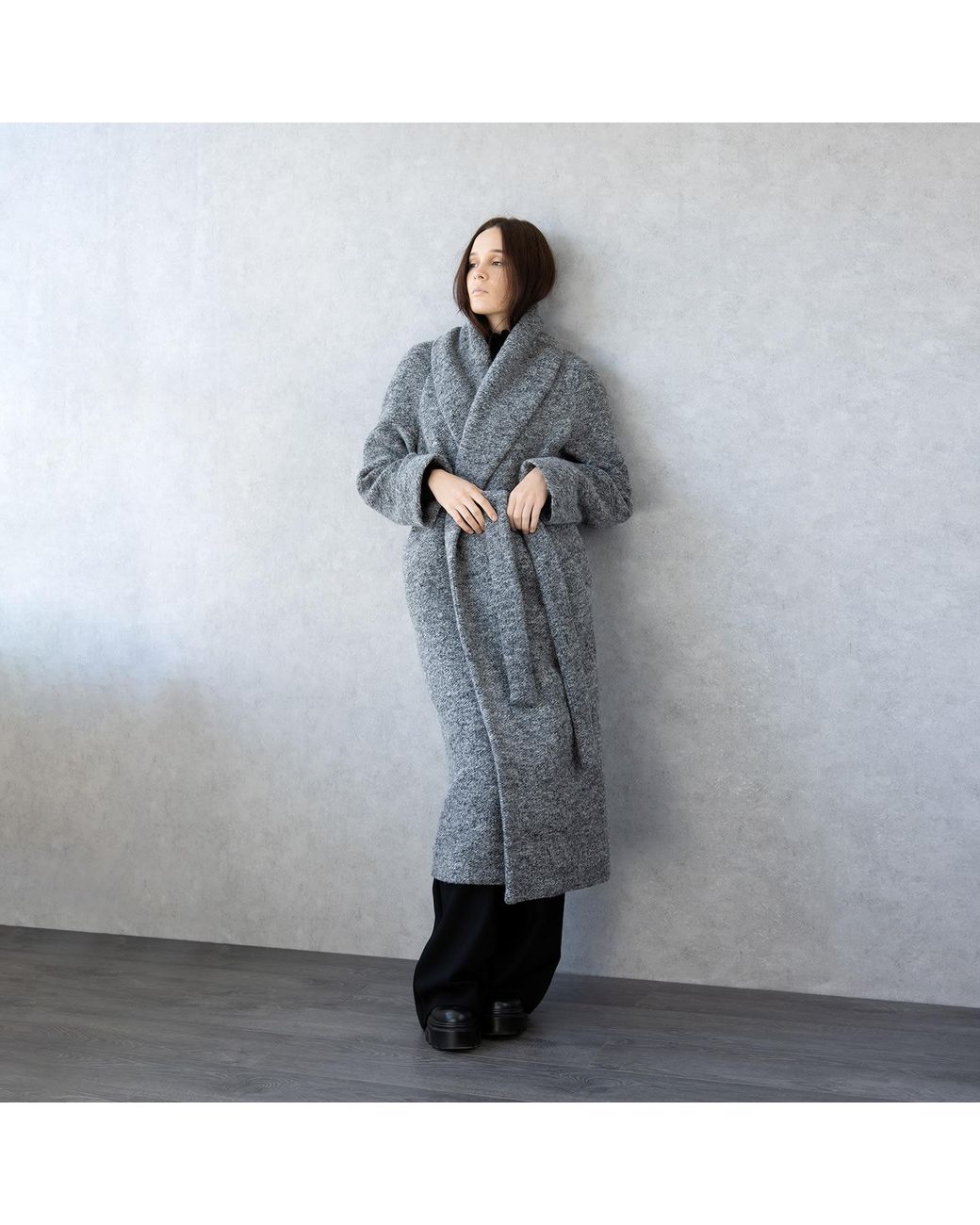 Jana Coshè Gray Melange Wool Belted Coat – Long Soft Robe-Style Outerwear