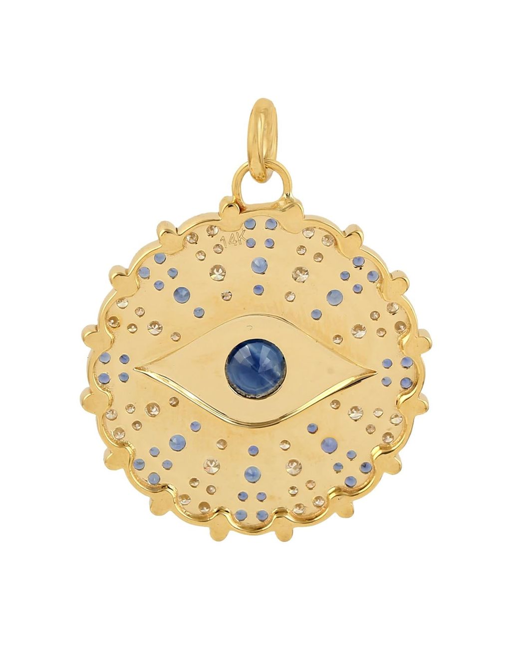 Artisan Multicolor Yellow Gold Natural Pave Diamond & Blue Sapphire Evil Eye Charm Pendant