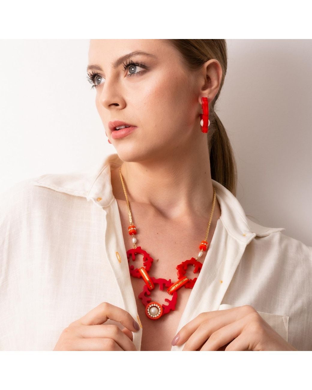 Gissa Bicalho Red Handmade Hoop Coral And Pearl S
