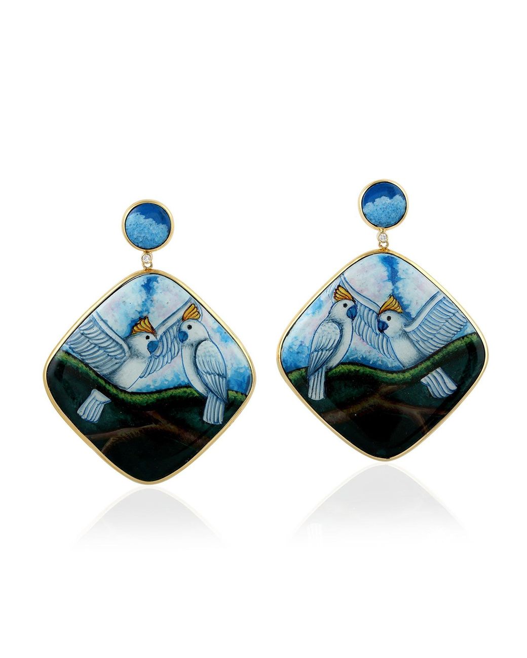 Artisan Blue Natural Diamond Dangle Earrings 18k Yellow Gold Bakelite Bird Print Enamel Jewelry
