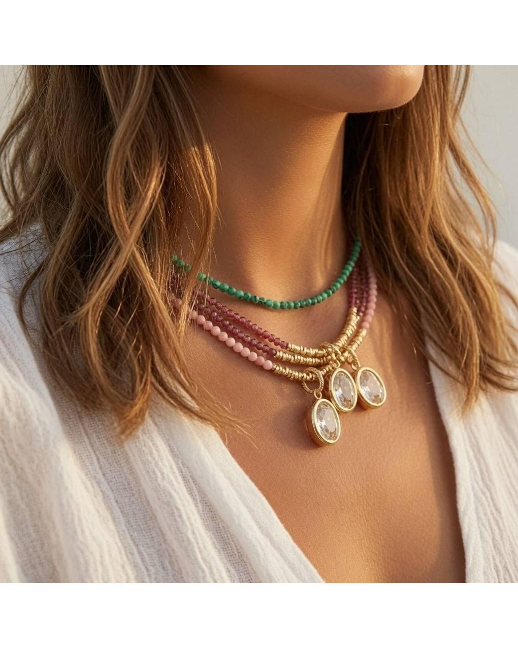 Persia Dona Jewelry Metallic Gemstones X Oval Crystal Necklace