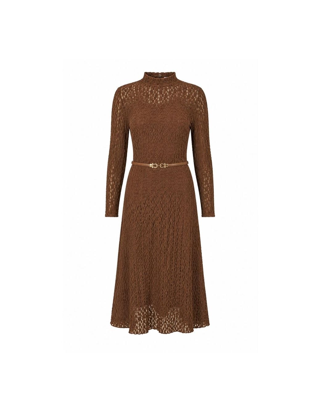 Yumi' Brown High Neck Lace Midi Dress