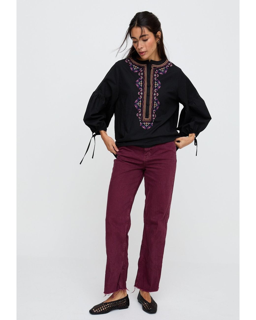 Raffya Black Anai Half Placket Embroidered Blouse