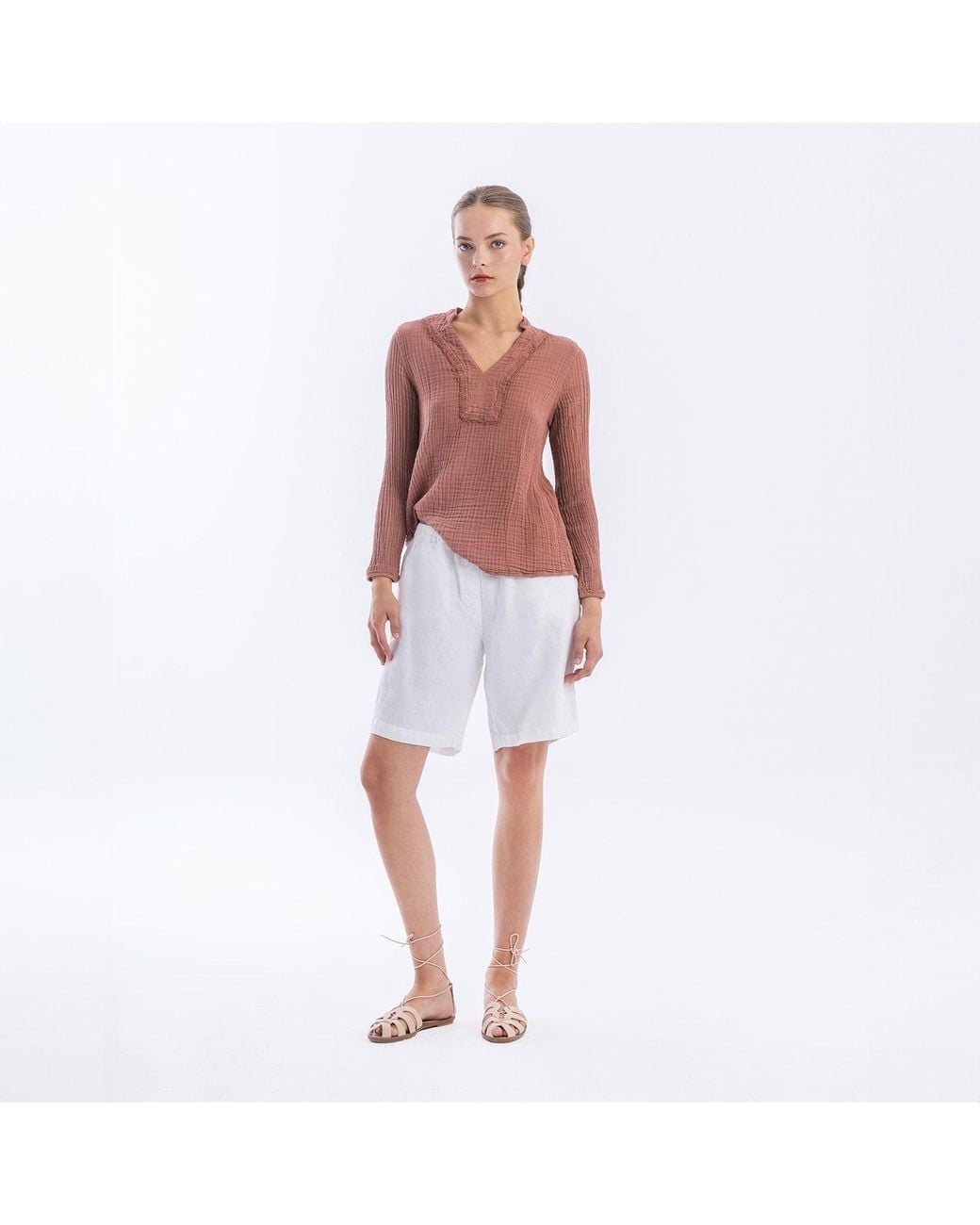 Haris Cotton Blue Linen Bermuda Shorts With Elastic Waist