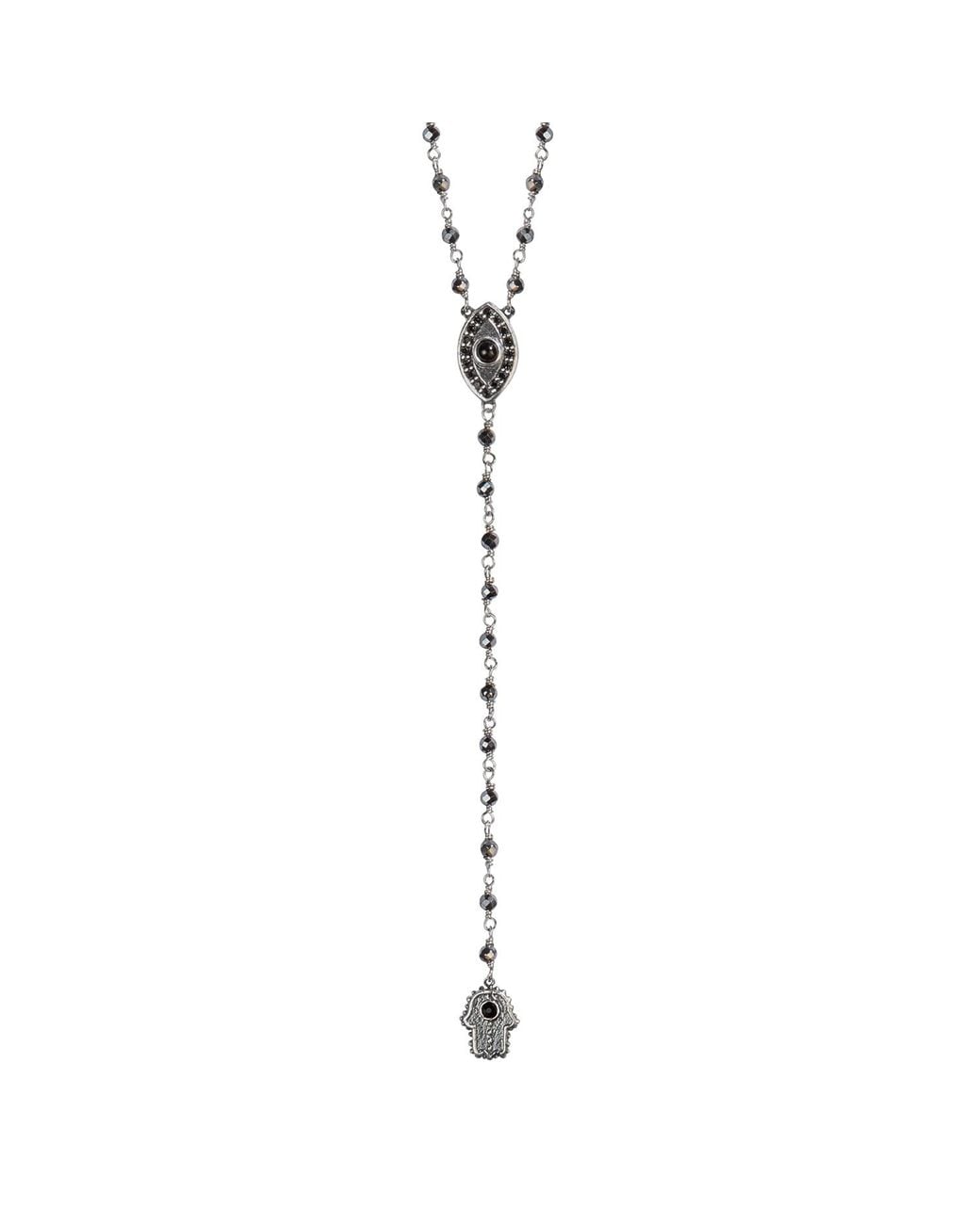 Karma and Luck Metallic Hematite Rosary Evil Eye Hamsa Necklace – Strength & Spiritual Protection Jewelry – Stand