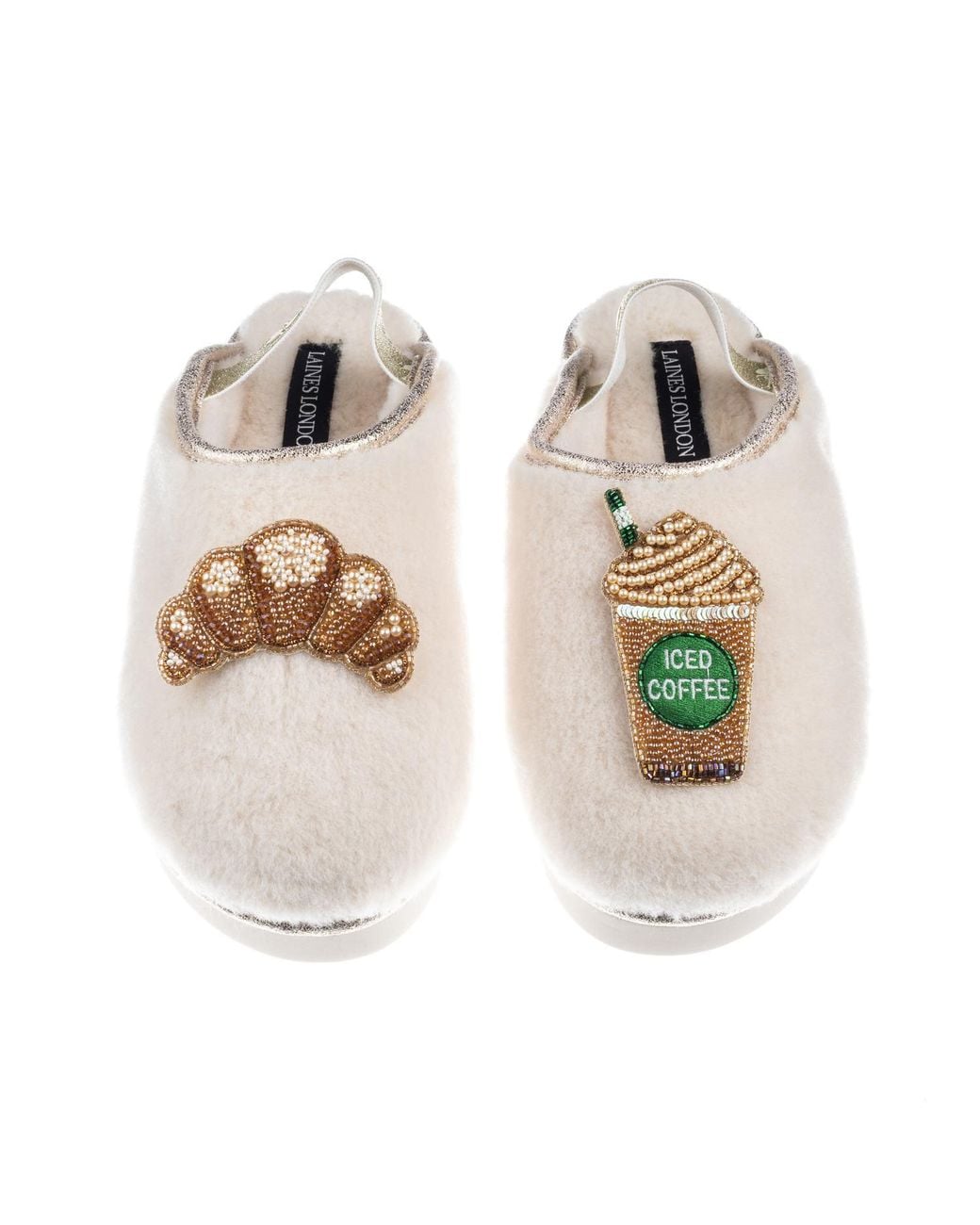 Laines London Multicolor Neutrals Flatform Cloud Closed Toe Slippers With Iced Coffee & Croissant Brooches