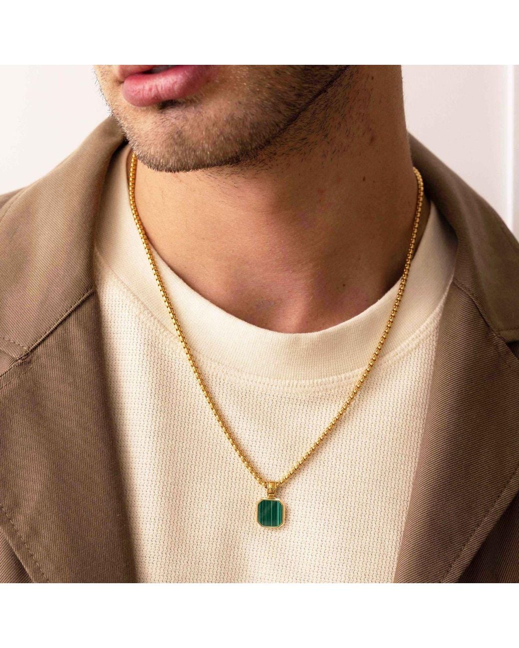 Nialaya Metallic Necklace With Square Malachite Pendant for men
