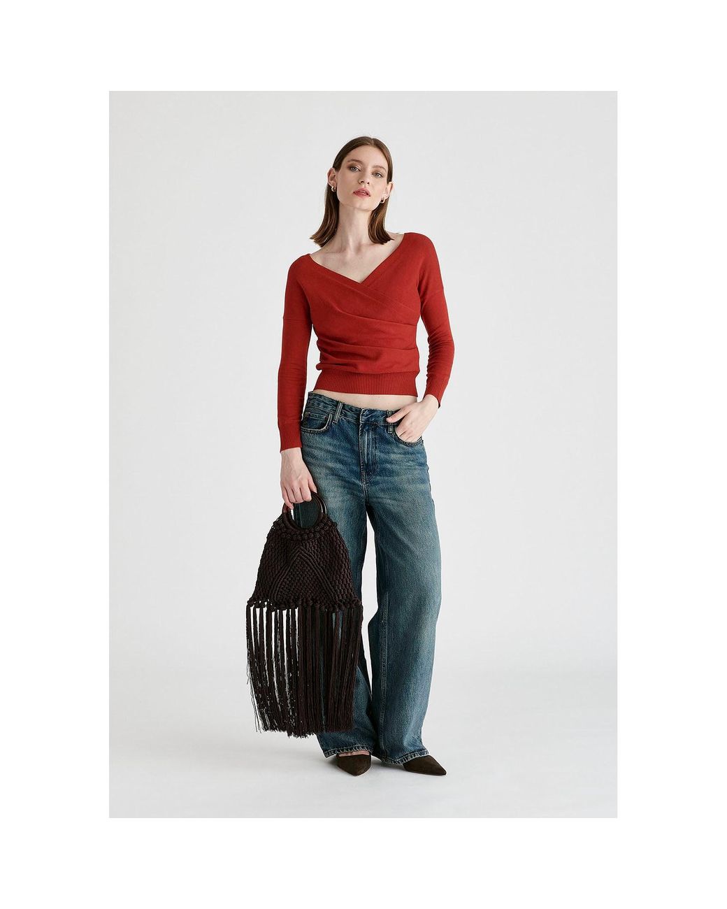 Paisie Red Knitted Wrap Top With Long Sleeves