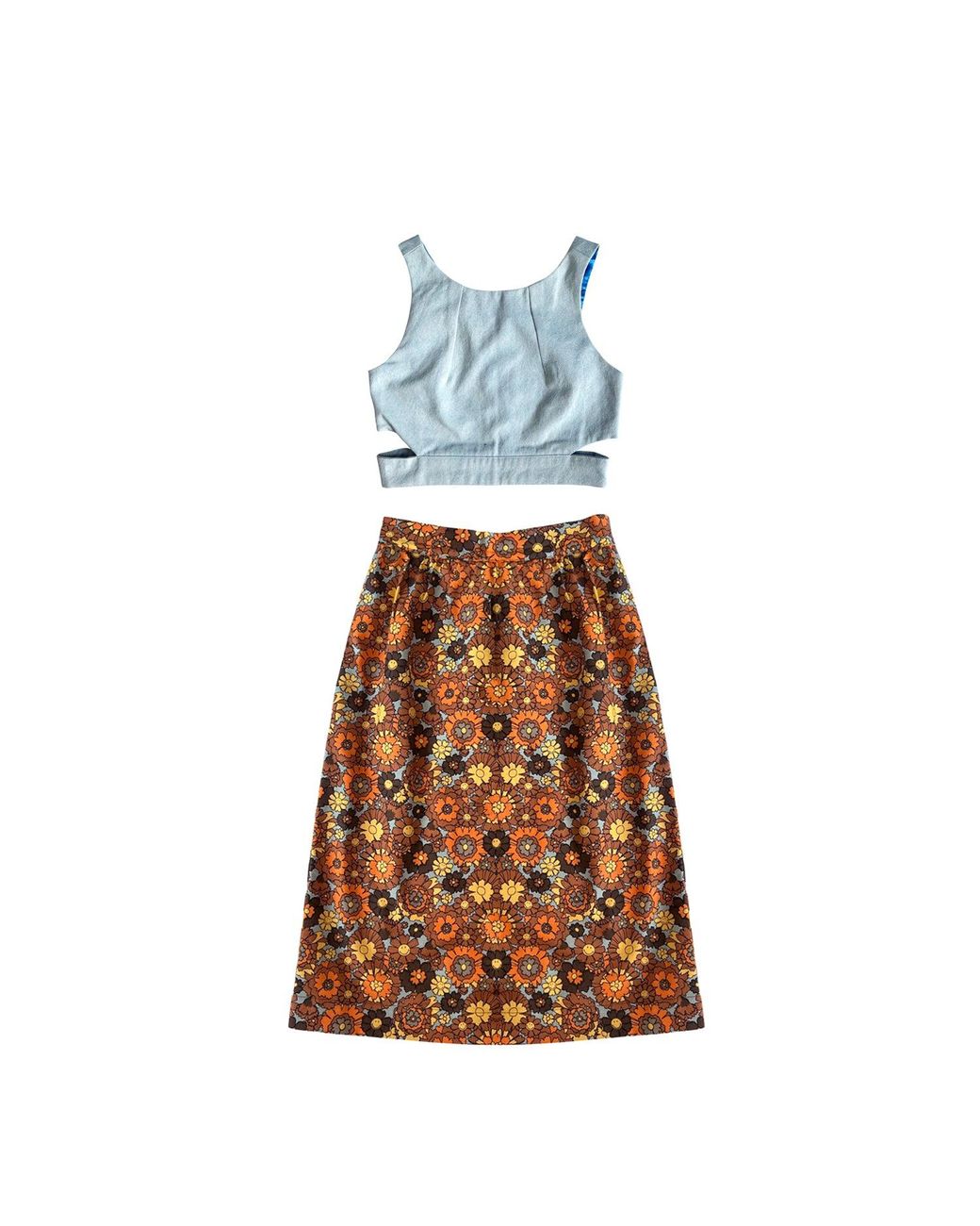 L2R THE LABEL Blue Denim Crop Top With Cut Outs In Washed