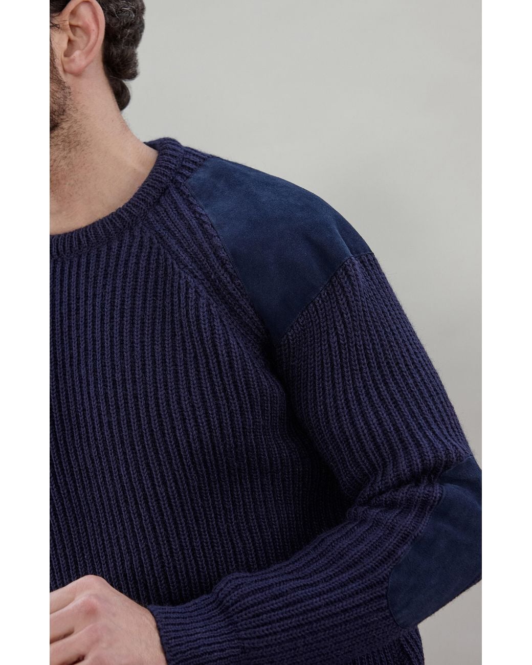 Paul James Knitwear Blue Chunky British Wool Hardy Ribbed Shooting Jumper for men