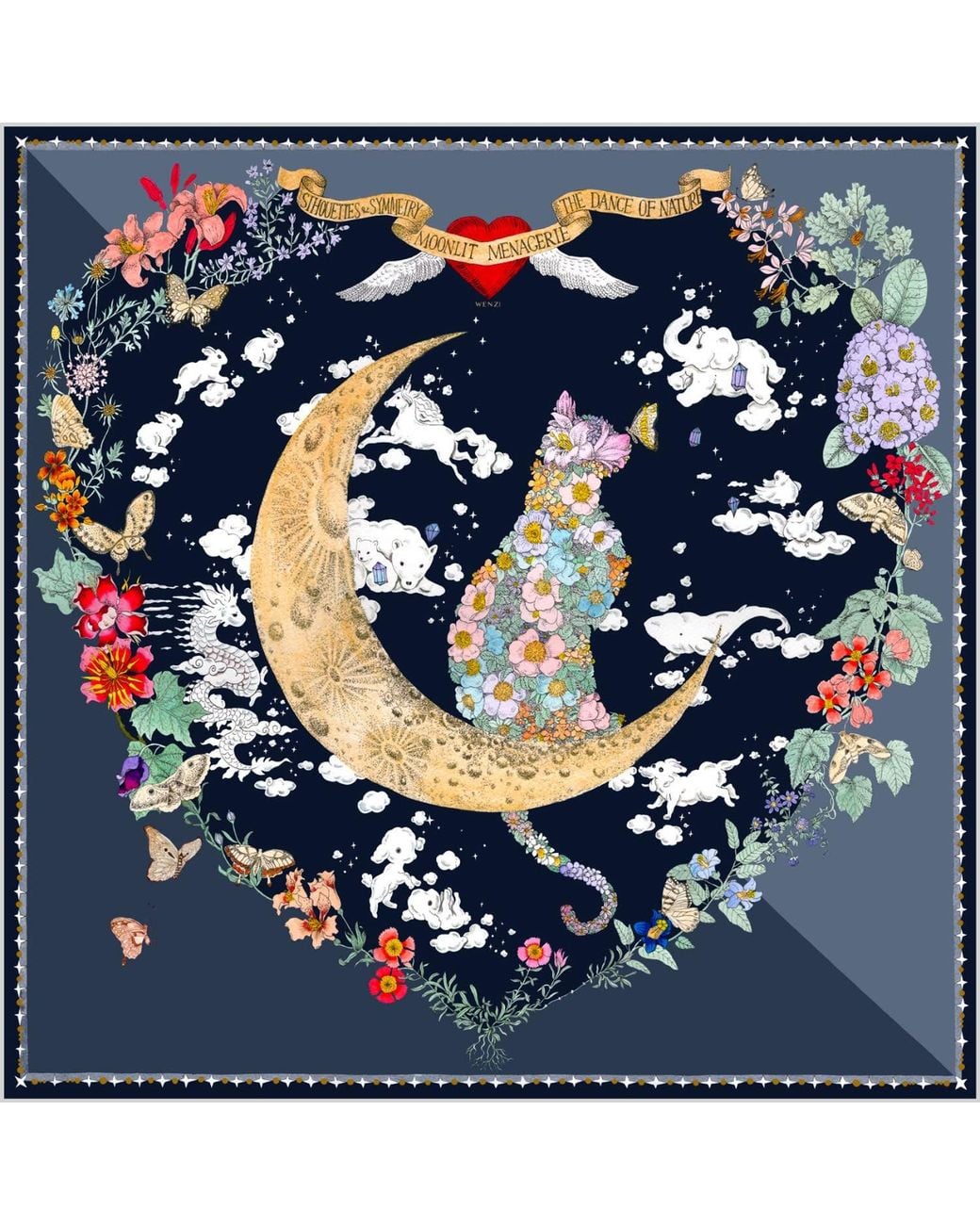Wenzi Blue Moonlit Menagerie Hand Painted Mulberry Silk Square Scarf