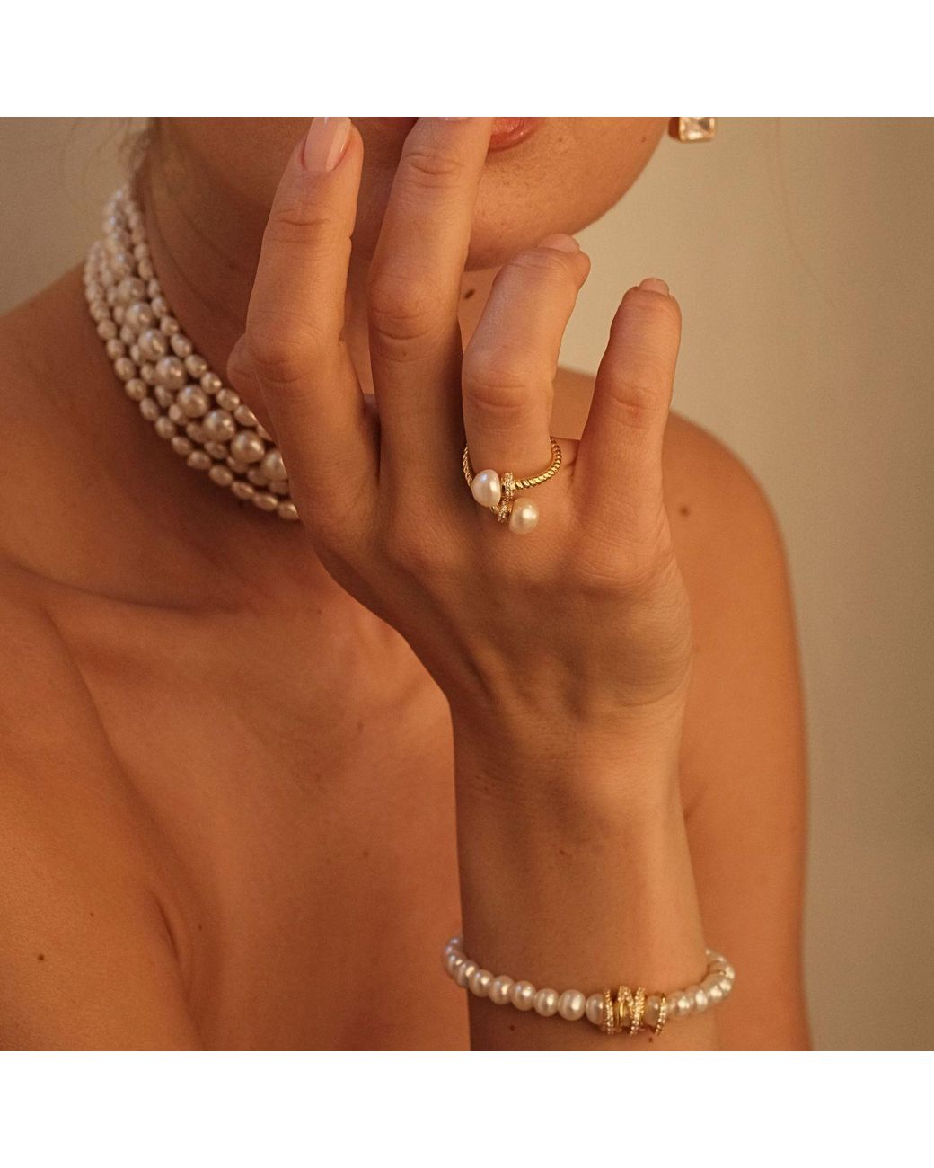 LINYA JEWELLERY Metallic Twisted Spiral Pearl Ring