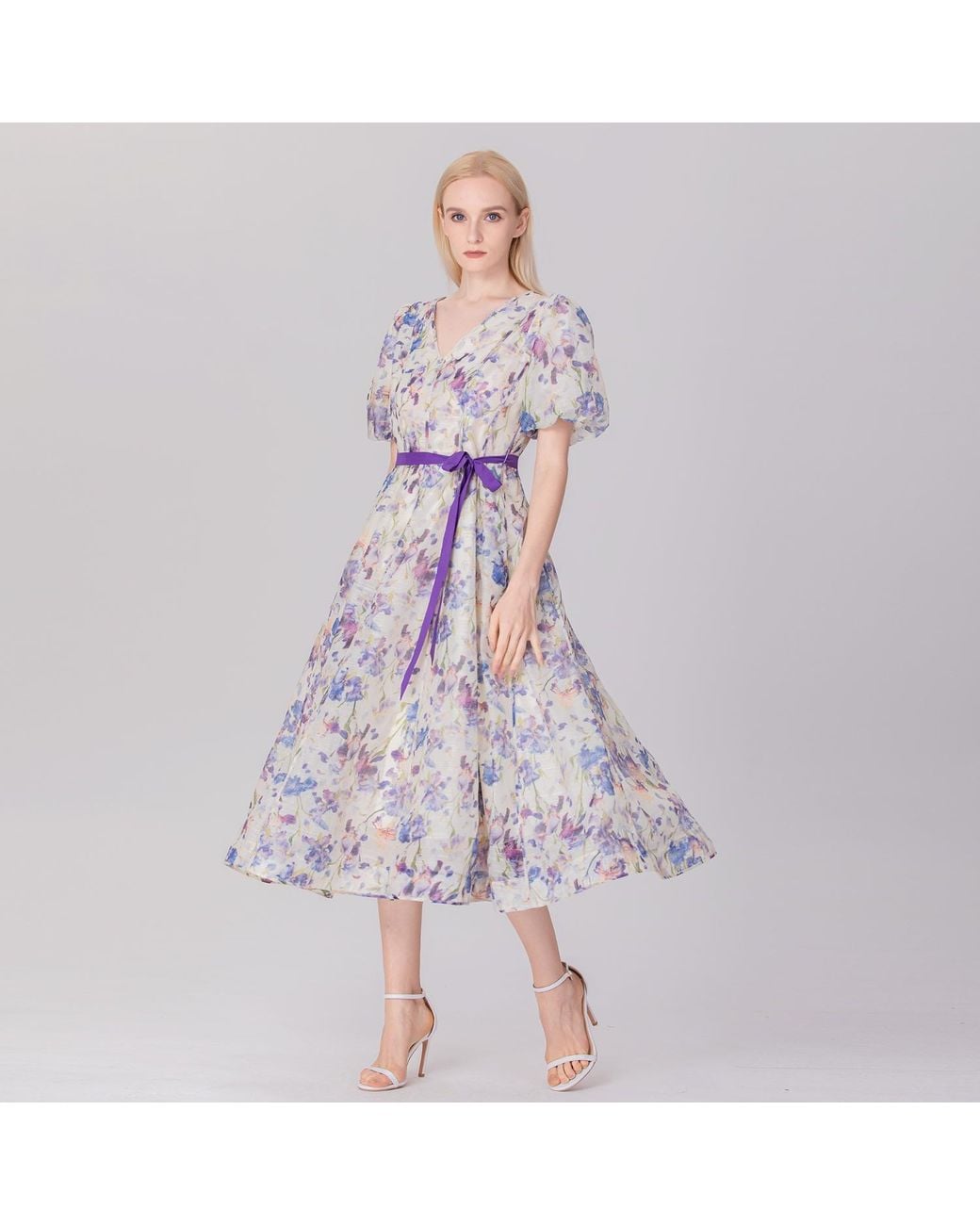 Smart and Joy Multicolor Neutrals Flower Print Fit-And-Flare Tea Organza Dress