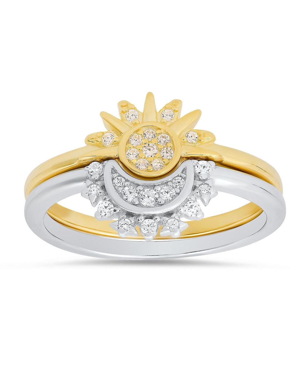 Kylie Harper Metallic Two-Tone Sun & Moon Diamond Cz 2Pc Stackable Ring Set