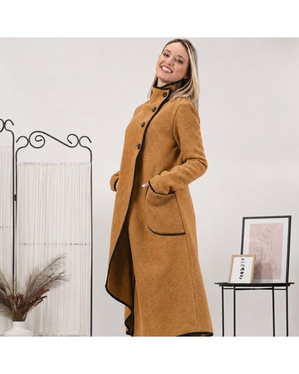 Nikka Place Brown Boiled Wool High Neck Cardigan With Pockets