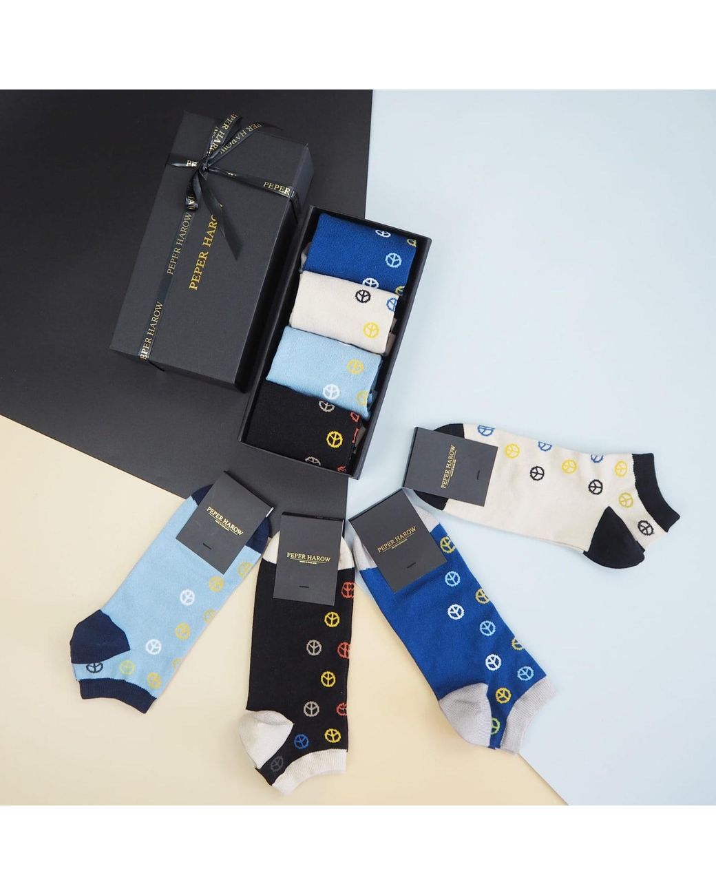 Peper Harow - Made in England Black Peace Trainer Socks Gift Box for men