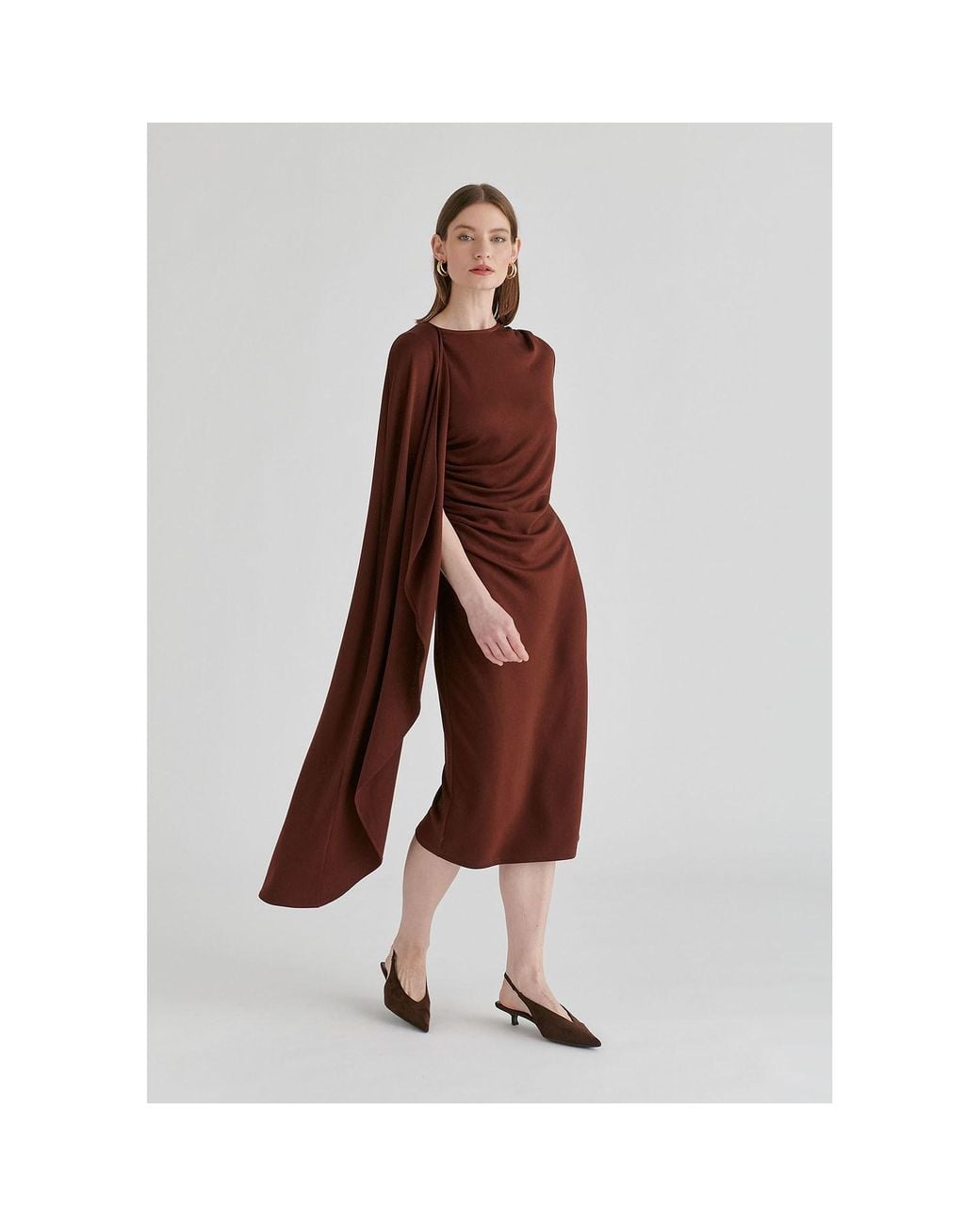 Paisie Brown Asymmetrical Cape Sleeve Lyocell Jersey Midi Dress