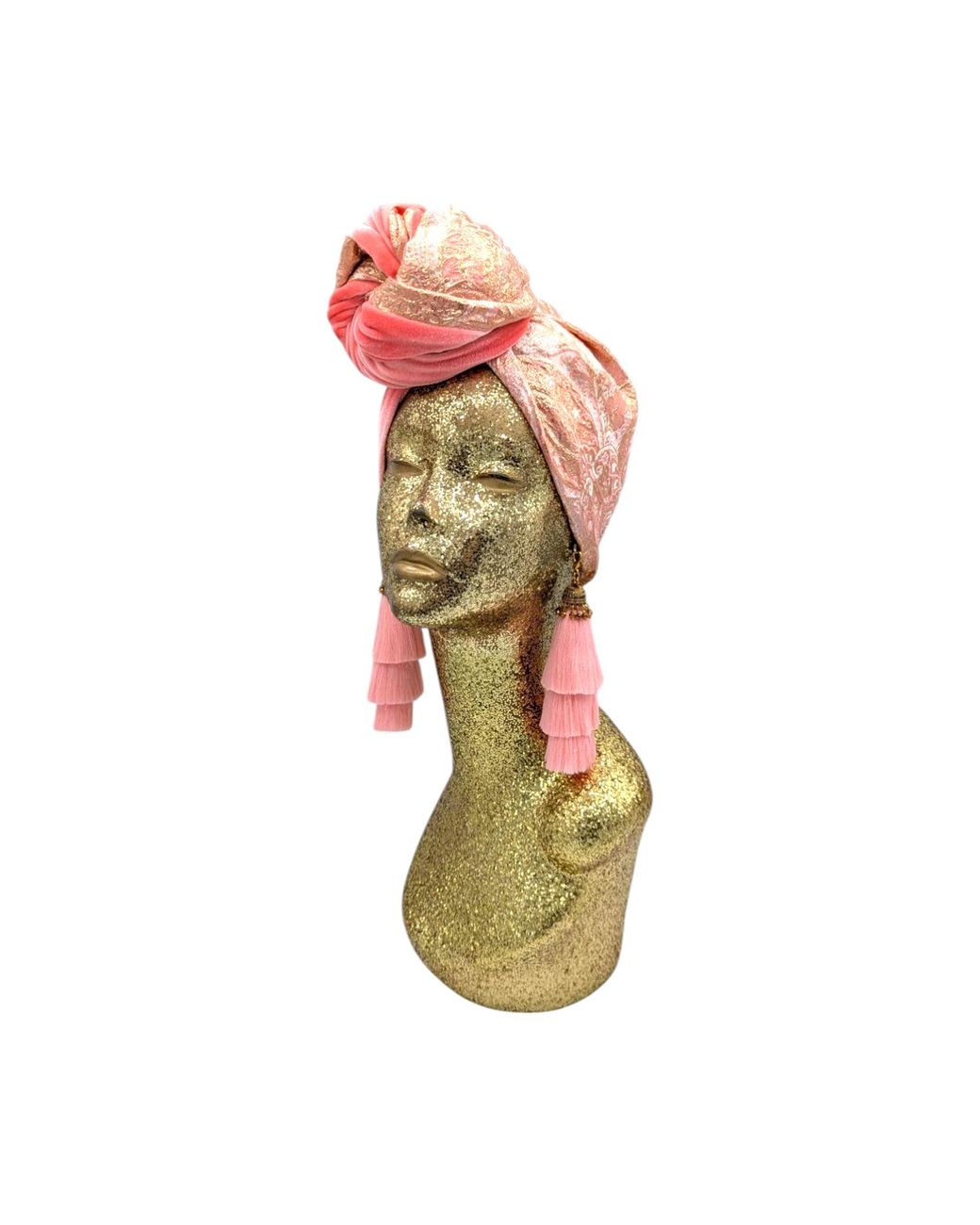 Julia Clancey Red Golden Brocade & Coral Velour Luxe Swinglette Turban