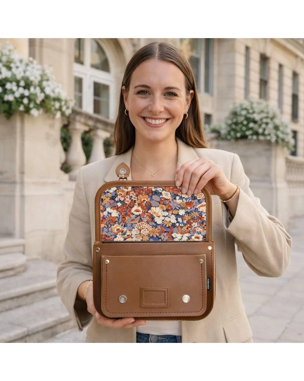 Zatchels Brown Floral Lined Leather Midi Satchel