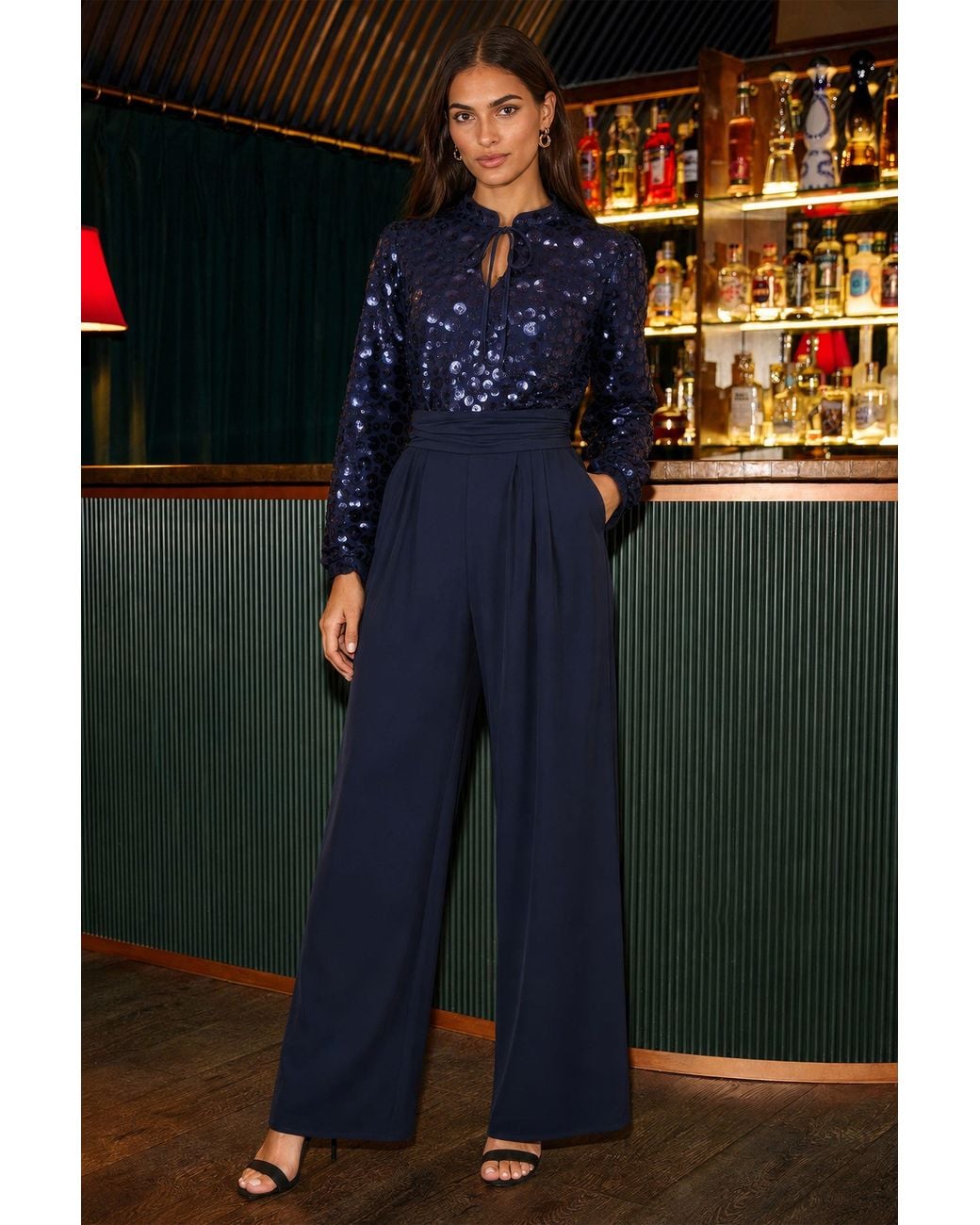 Yumi' Blue Long Sleeve Sequin Jumpsuit
