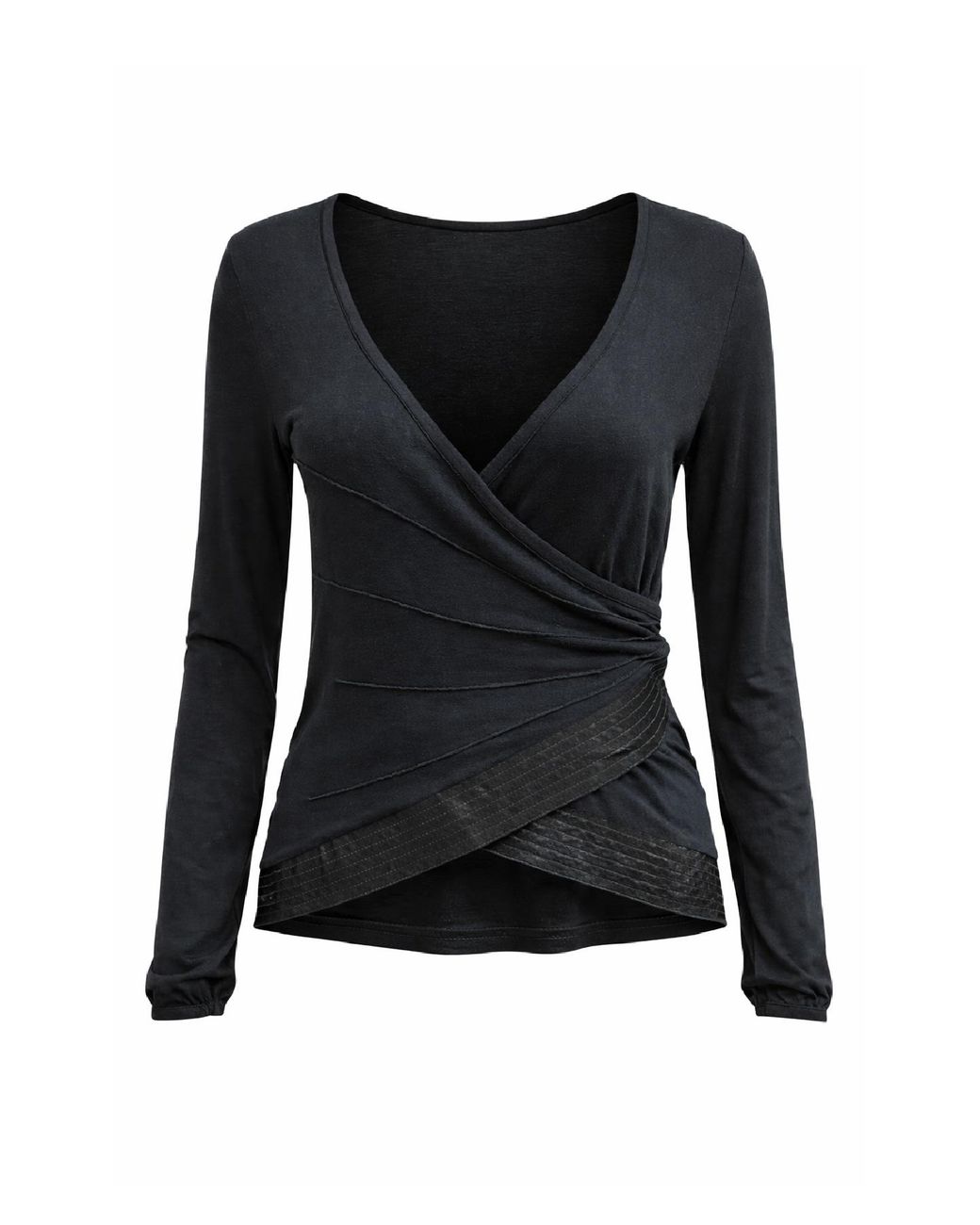 Conquista Black Elegant Wrap-Front Long Sleeve Top