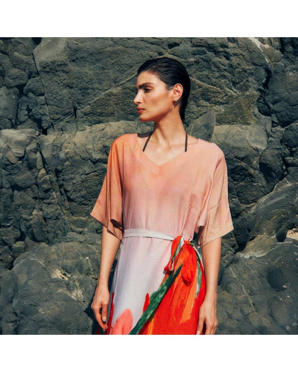 DHARA SHETH DUBAI Red Coral Mirage Floral Kaftan Maxi Dress With Side Slits