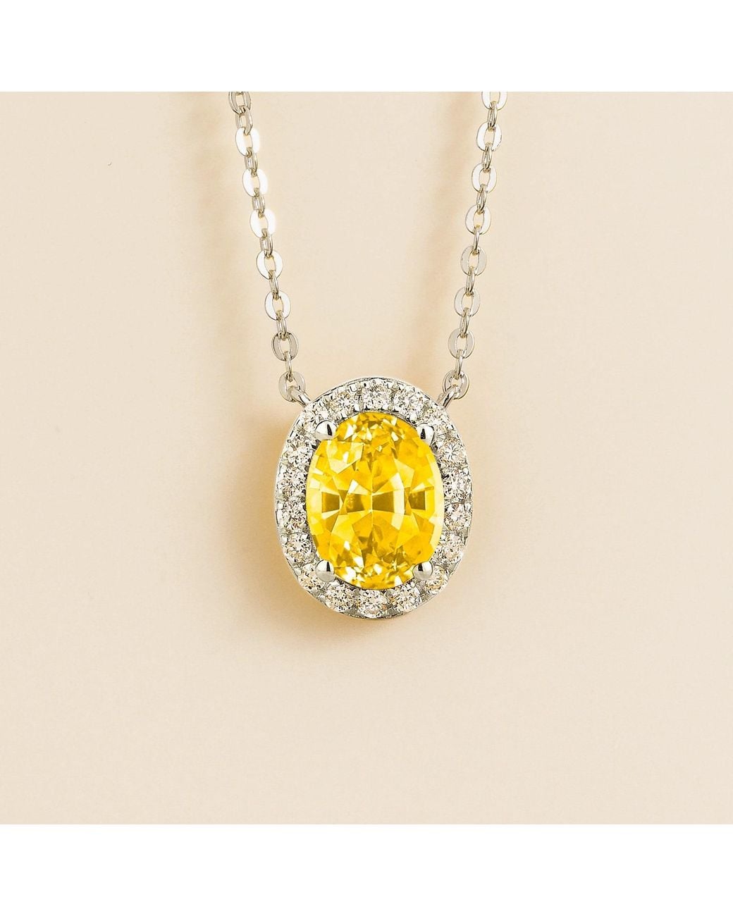 Juvetti White Mina Oval Sapphire & Diamond Halo Necklace