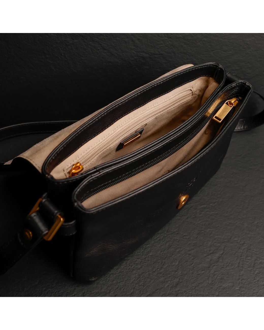 Time Resistance Black Leather Cross Body Bag For