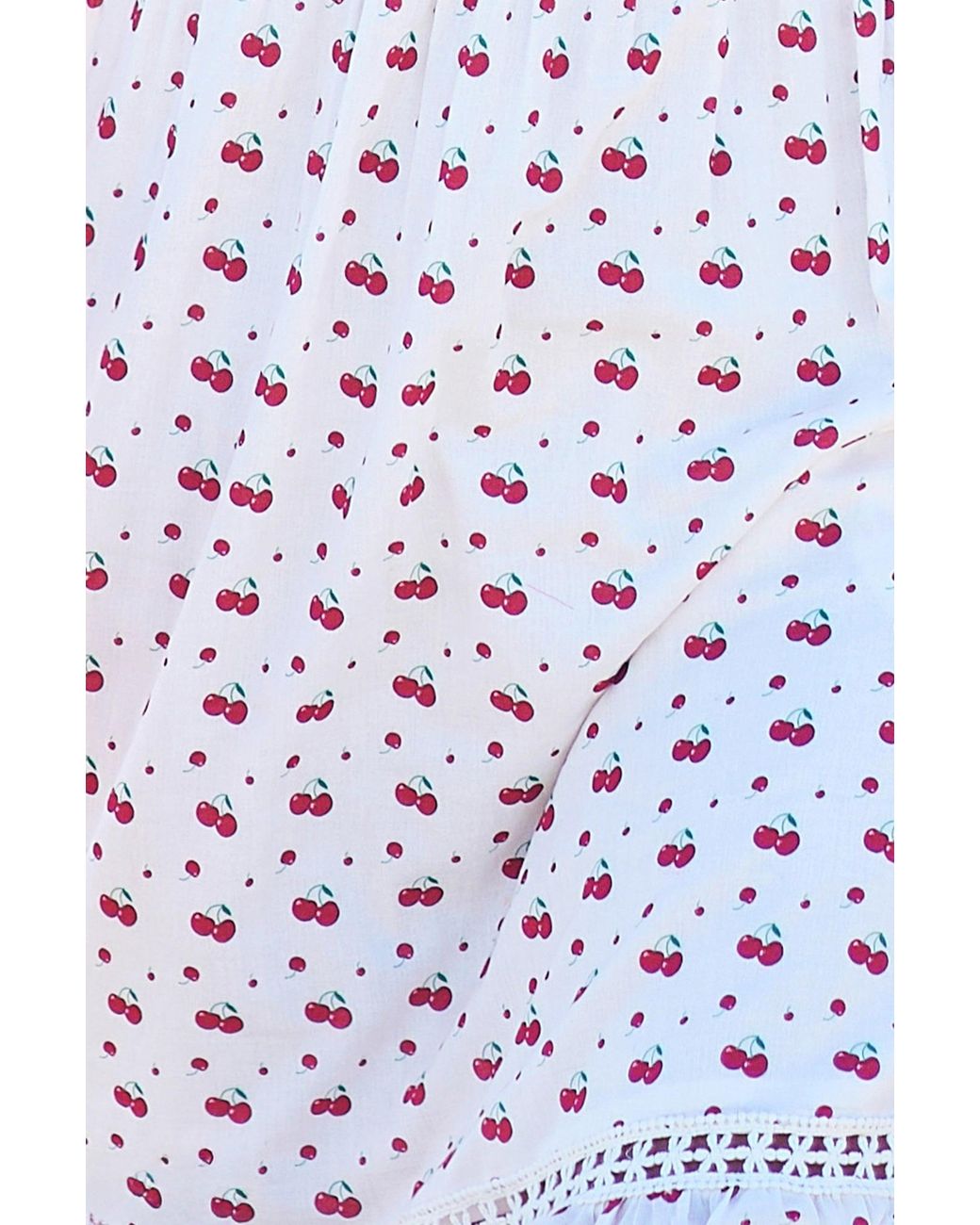 Yumi' White Cherry Print Lace Trim Cotton Midi Dress