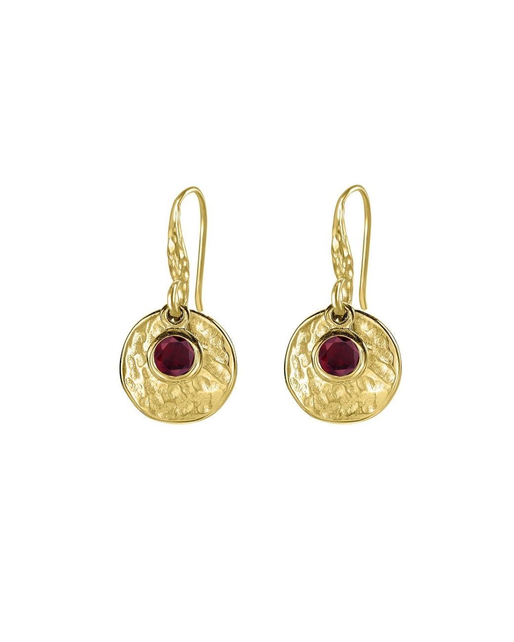 Dower & Hall Metallic Hammered Disc & Garnet Array Drop Earrings