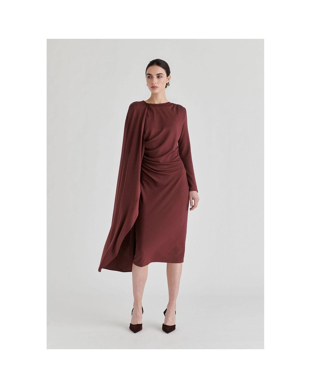 Paisie Red Asymmetrical Cape Sleeve Lyocell Jersey Midi Dress