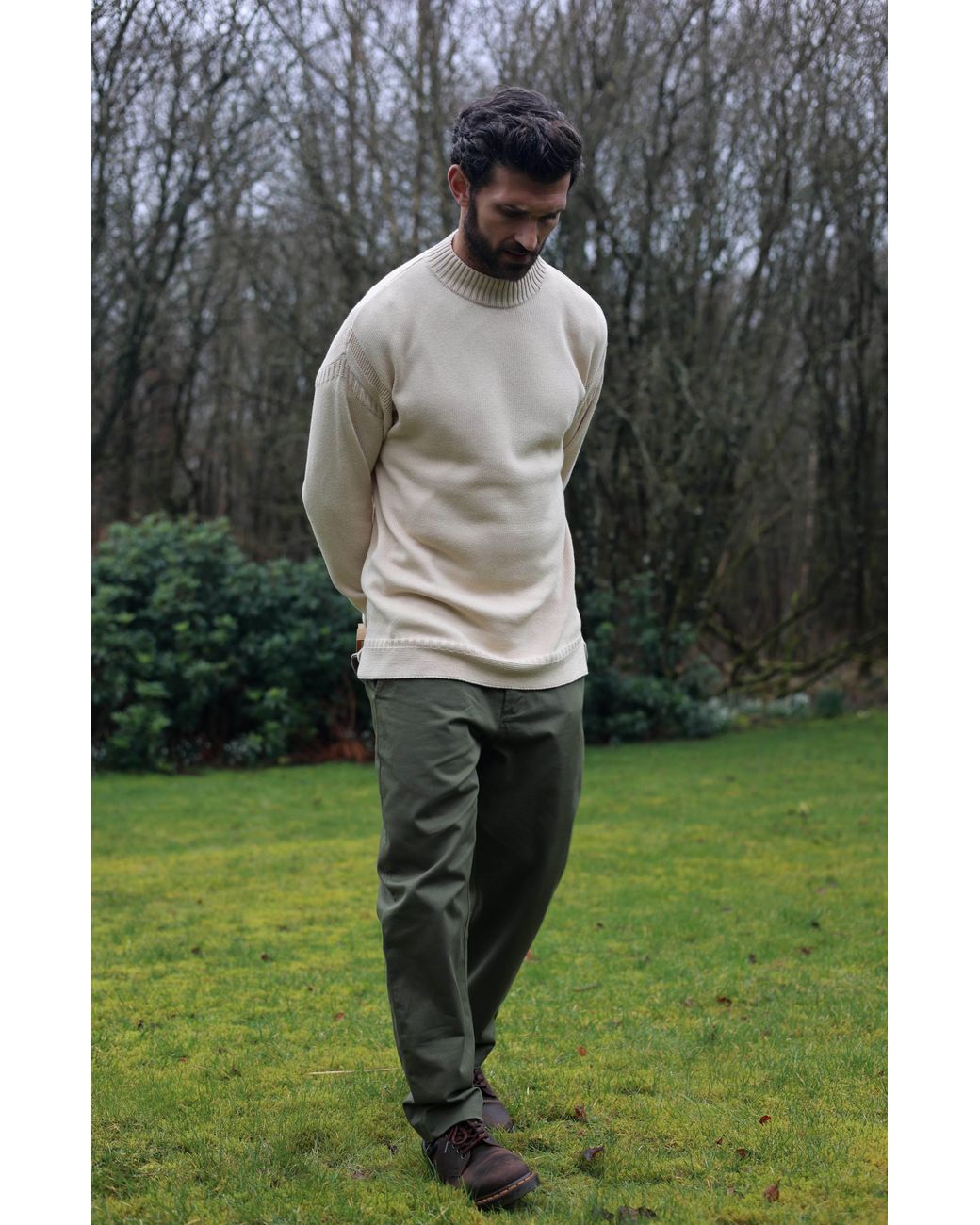 Paul James Knitwear Natural Neutrals Midweight Cotton Linen Sark Mock Neck Gansey Jumper for men