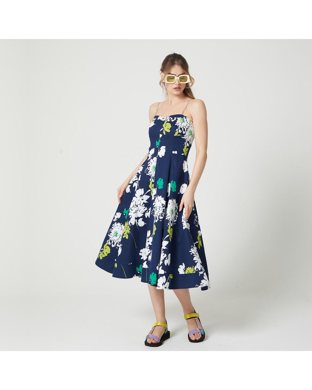 Lalipop Design Blue Two Chain-Link Shoulder Straps Midi Dress