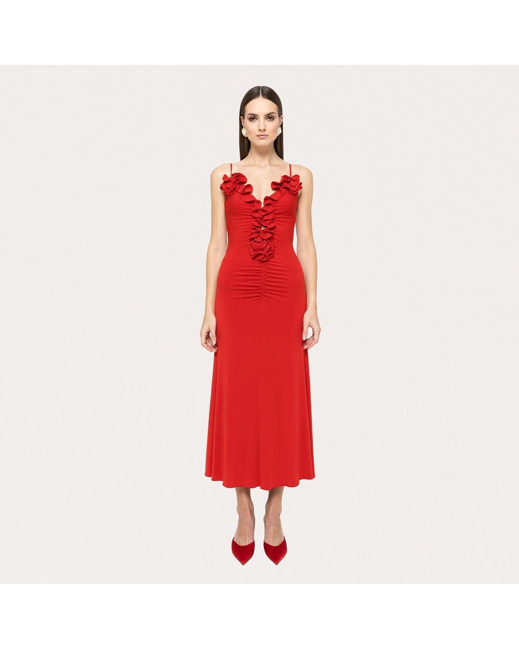 Nissa Red Floral-Applique Jersey Midi Dress