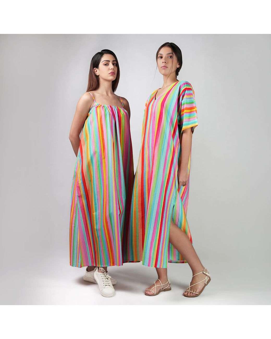 DHARA SHETH DUBAI Blue The Palette Colorful Strips Cotton Kaftan Maxi Dress With Side Slit