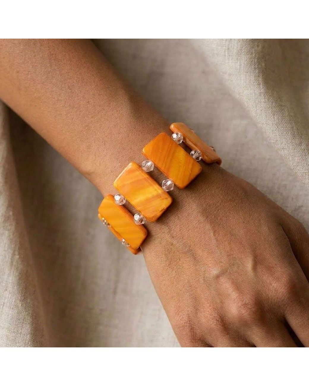 Saéa Orange Shell Pearl Chunky Tile Stretch Bracelet